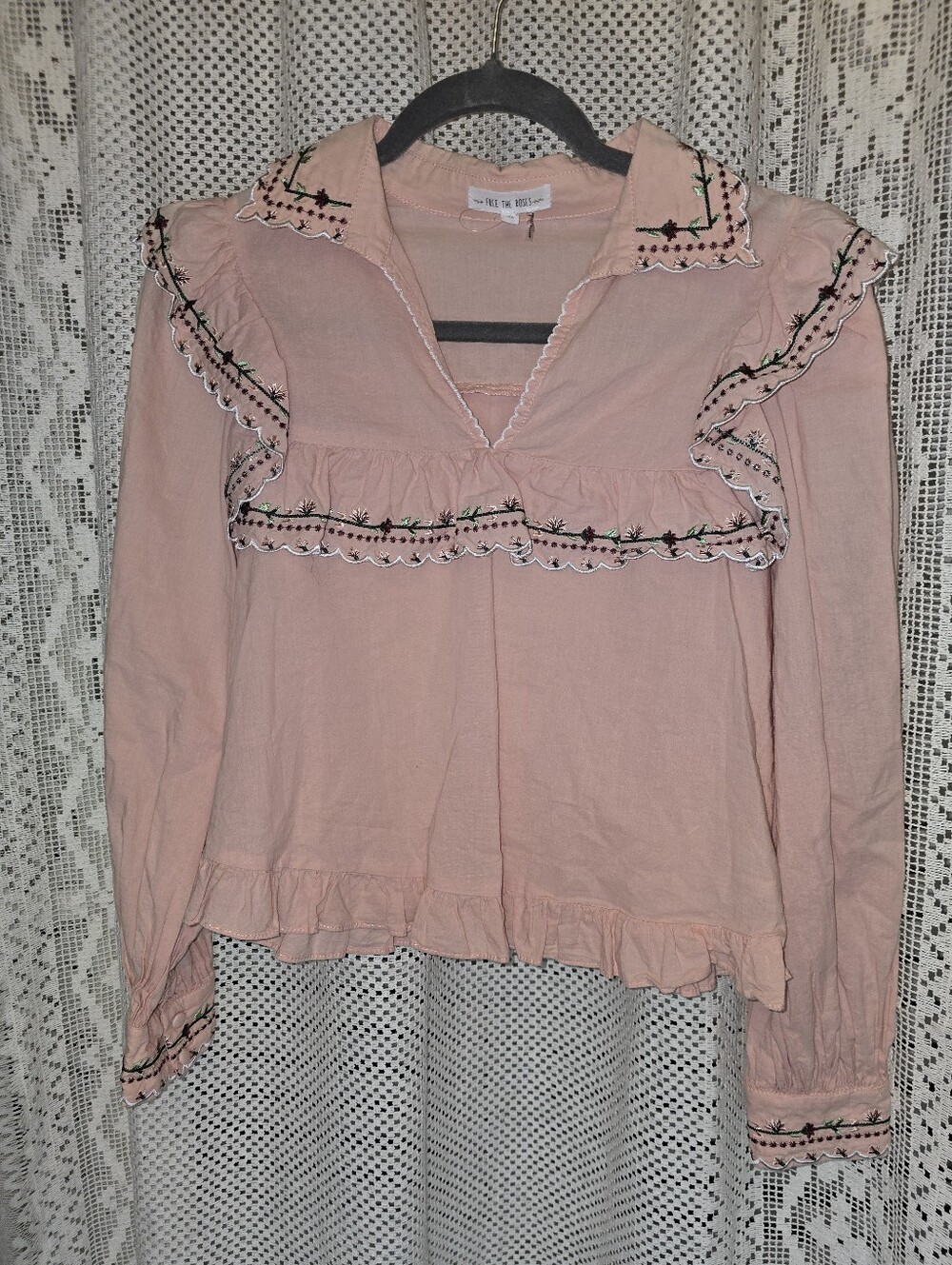 Free The Roses Smocked, Embroidered, Ruffled Bib Details, Long Sleeve, Womens XS